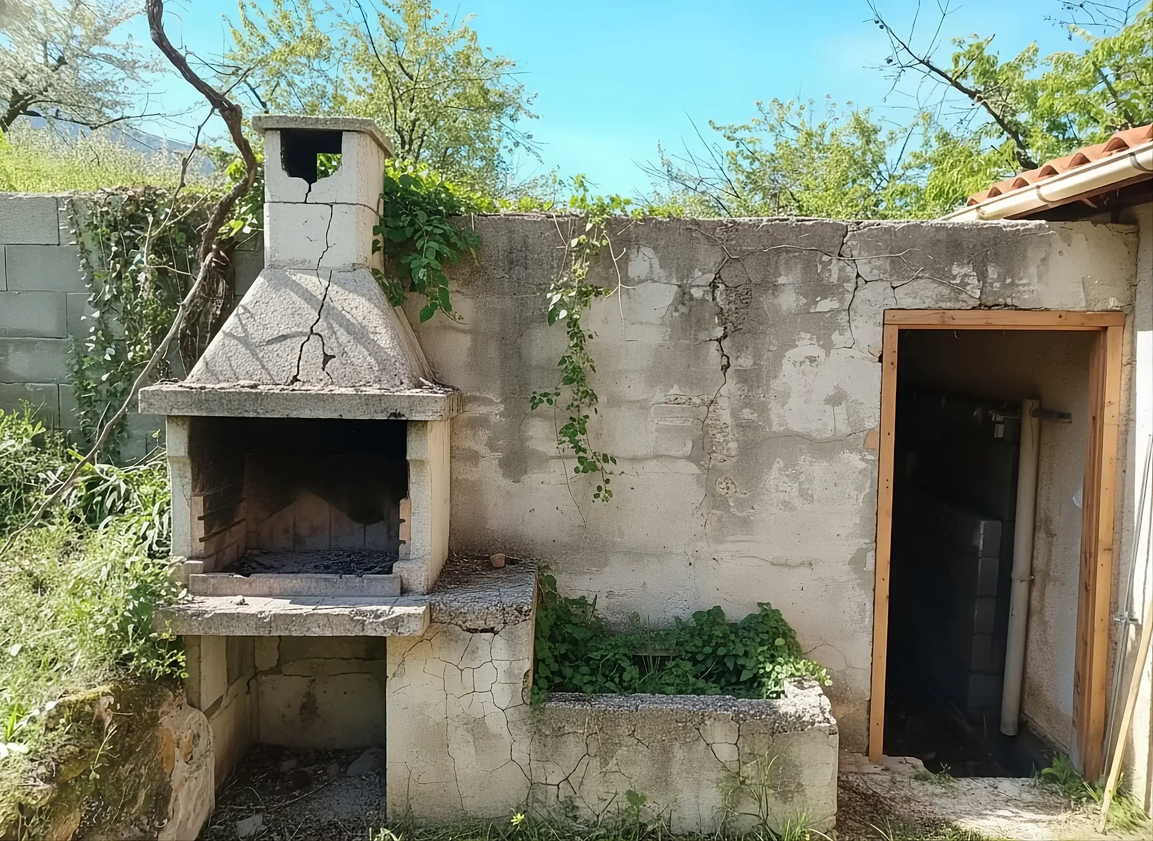 Avant : mur extérieur fissuré avec vieux barbecue