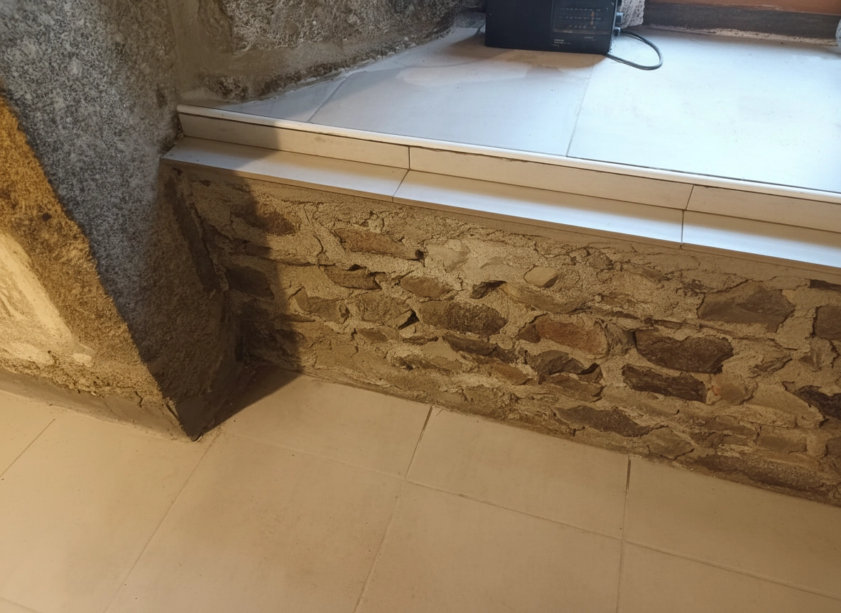 Avant : muret en pierres brutes sous une tablette carrelée